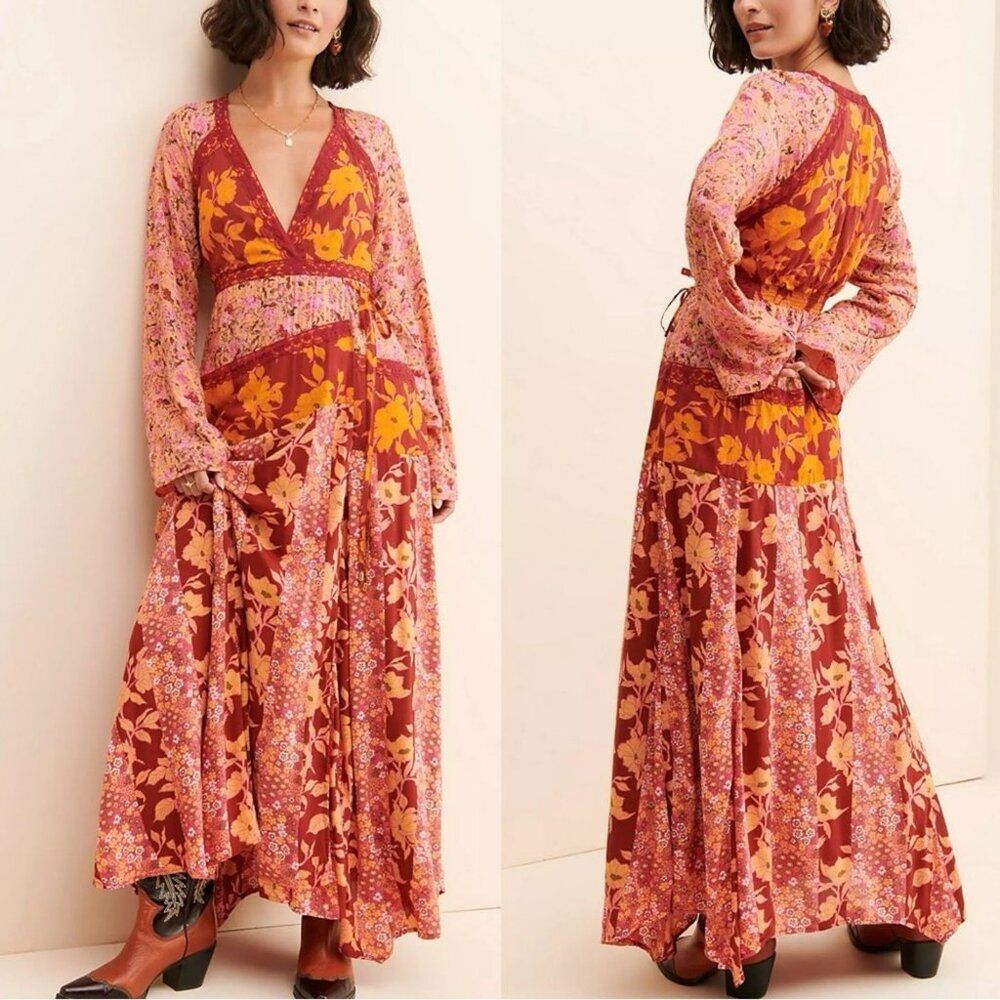 Free People Tilda Wrap Maxi Dress Bohemian Retro Gypsy gown Mixed print Floral S